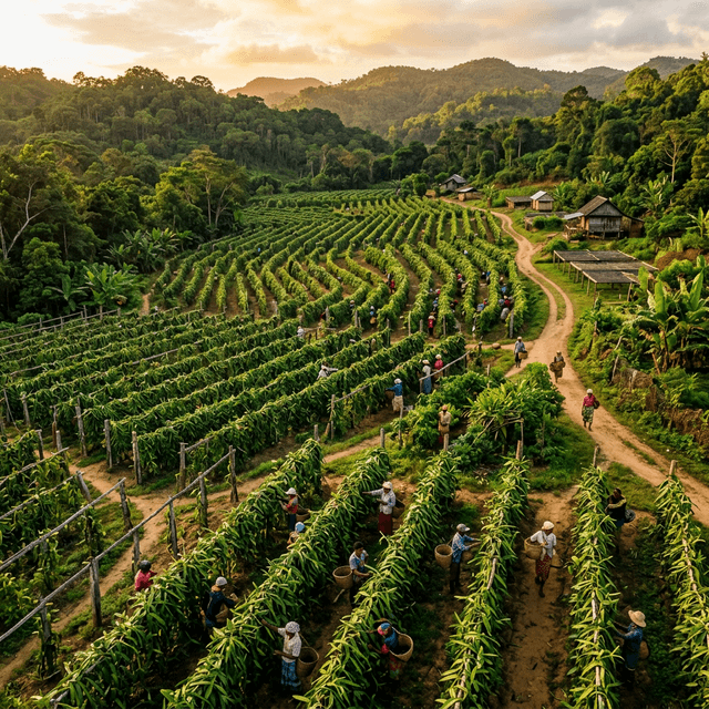 Madagaskar vanilya plantasyonu — vanilya orkide sarmaşıkları